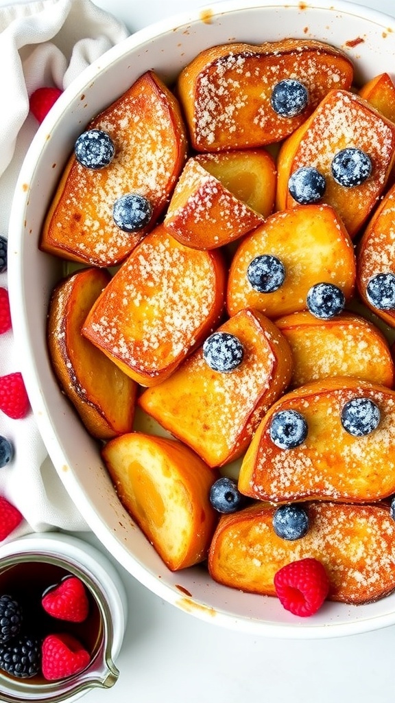 Baked French toast casserole topped with powdered sugar and served with berries and maple syrup.